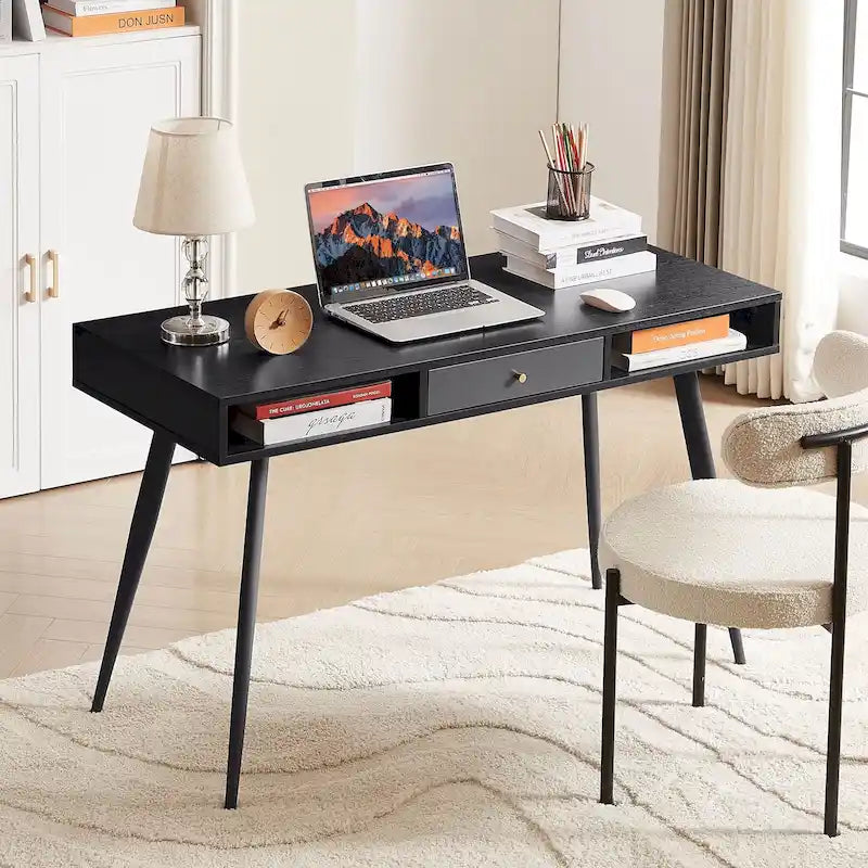 Mid Century Writing Study Desk with Built In USB and Power Outlet and 2 Storage Spaces for Home Office and Study or Bedroom