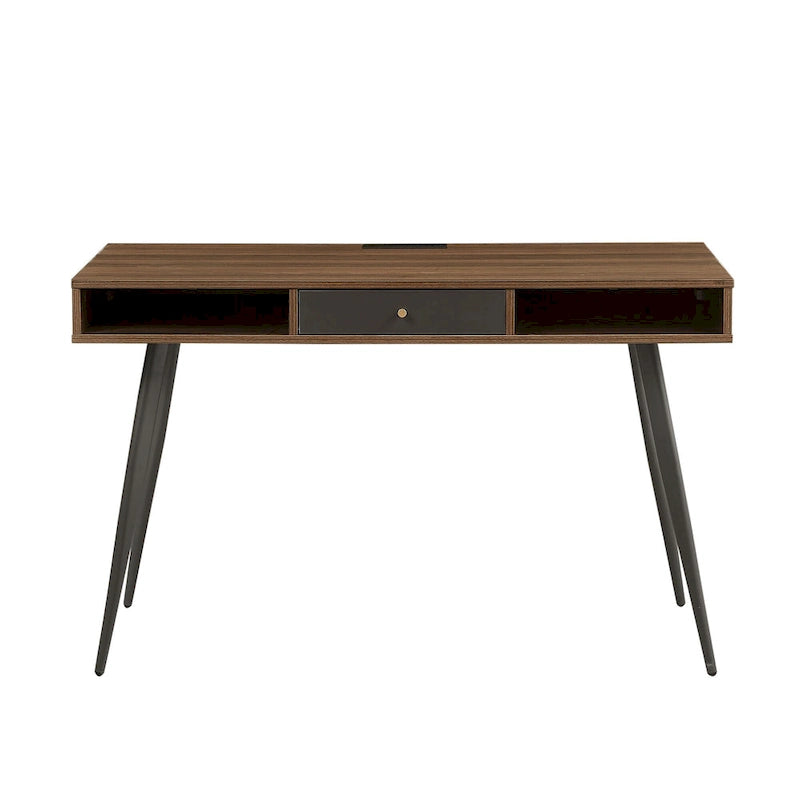 Mid Century Writing Study Desk with Built In USB and Power Outlet and 2 Storage Spaces for Home Office and Study or Bedroom