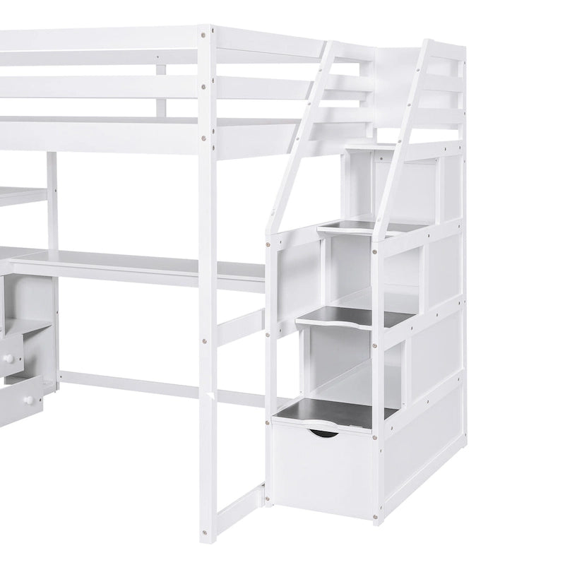 Lit mezzanine pleine taille avec bureau, étagères, tiroirs intégrés, escalier de rangement