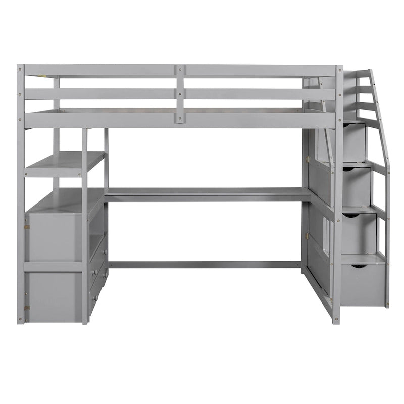 Lit mezzanine pleine taille avec bureau, étagères, tiroirs intégrés, escalier de rangement