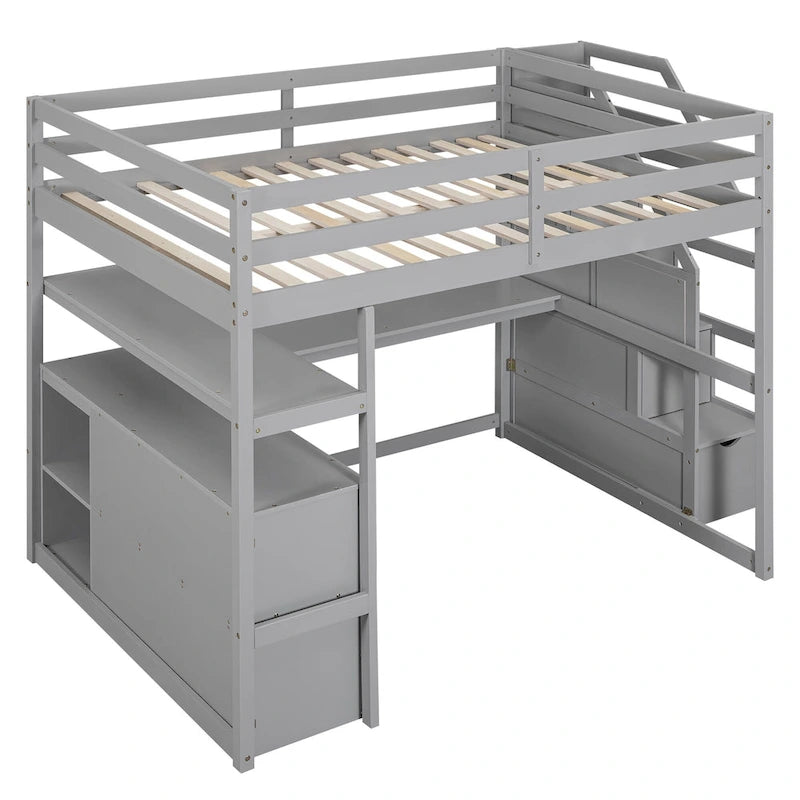 Lit mezzanine pleine taille avec bureau, étagères, tiroirs intégrés, escalier de rangement
