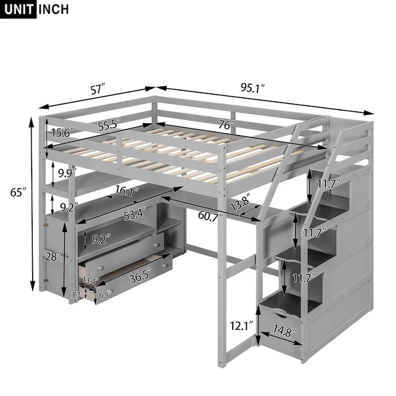Lit mezzanine pleine taille avec bureau, étagères, tiroirs intégrés, escalier de rangement