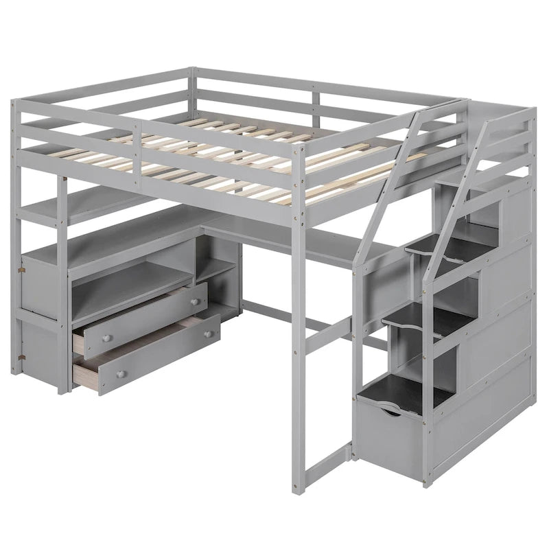 Lit mezzanine pleine taille avec bureau, étagères, tiroirs intégrés, escalier de rangement