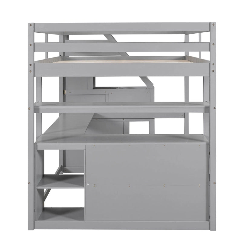 Lit mezzanine pleine taille avec bureau, étagères, tiroirs intégrés, escalier de rangement