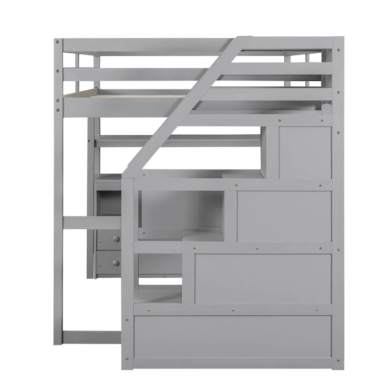 Lit mezzanine pleine taille avec bureau, étagères, tiroirs intégrés, escalier de rangement