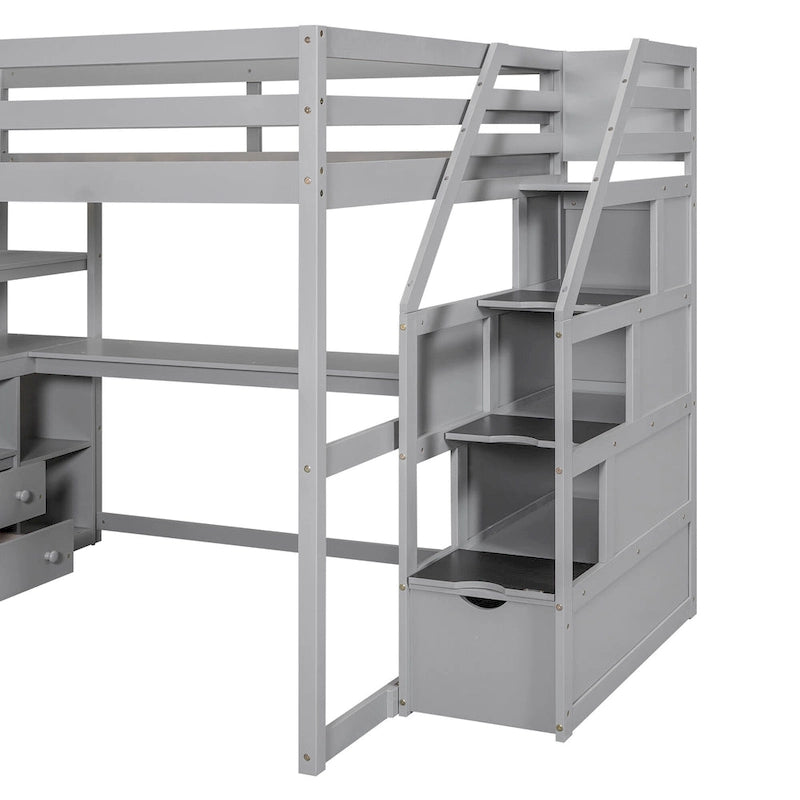 Lit mezzanine pleine taille avec bureau, étagères, tiroirs intégrés, escalier de rangement