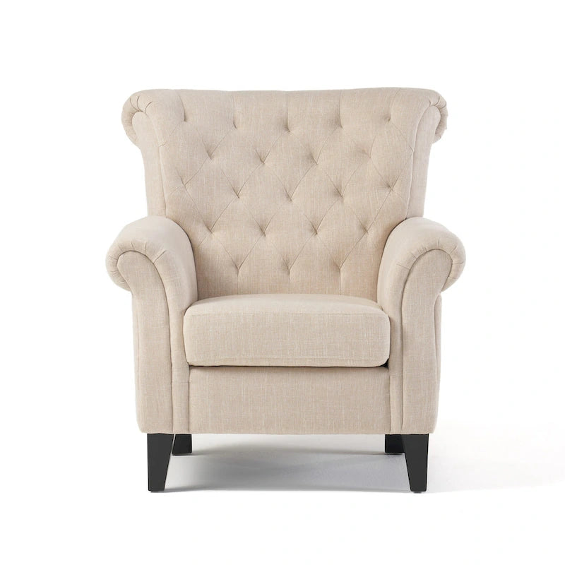 Fauteuil d'appoint, capitonné en losanges, accoudoirs roulés, tissu beige