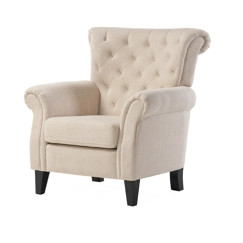 Accent Armchair, Button Diamond Tufted, Rolled Arms, Beige Fabric