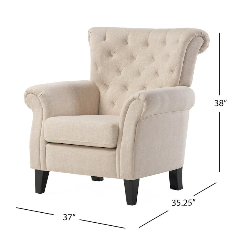Fauteuil d'appoint, capitonné en losanges, accoudoirs roulés, tissu beige