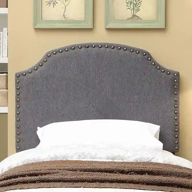 Transitional Grey Adjustable Flax Upholstered Nailhead Headboard
