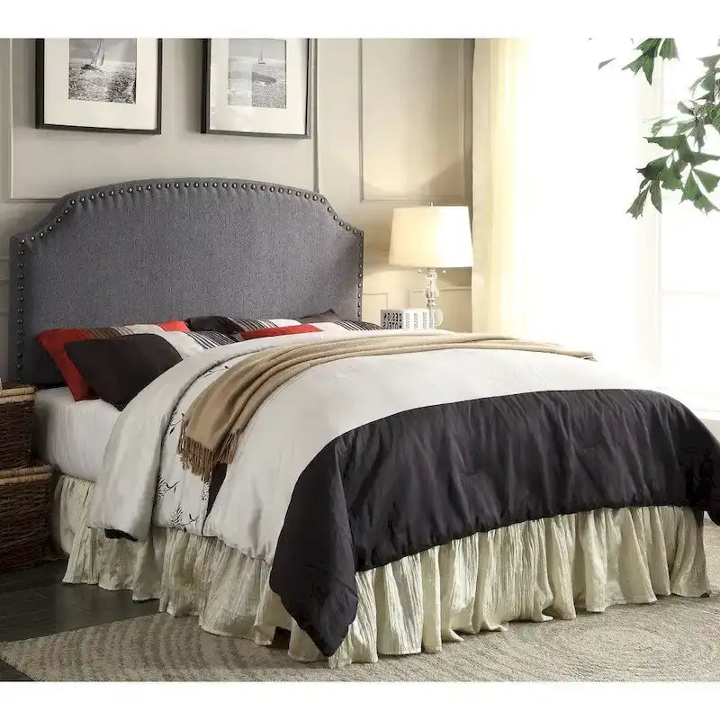 Transitional Grey Adjustable Flax Upholstered Nailhead Headboard