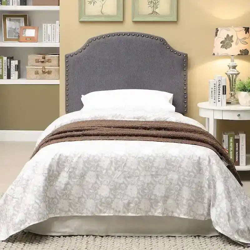 Transitional Grey Adjustable Flax Upholstered Nailhead Headboard
