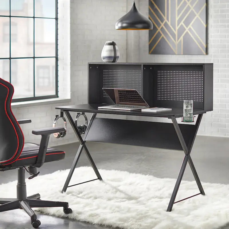 Industrial Desk with Pegboard Back, Cup Holder and Headphone Hook