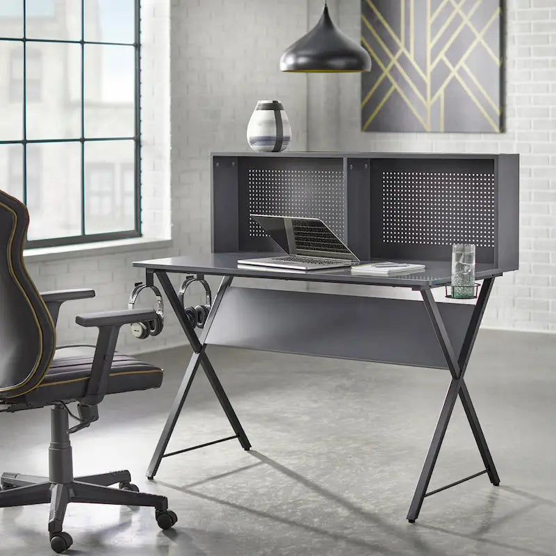 Industrial Desk with Pegboard Back, Cup Holder and Headphone Hook