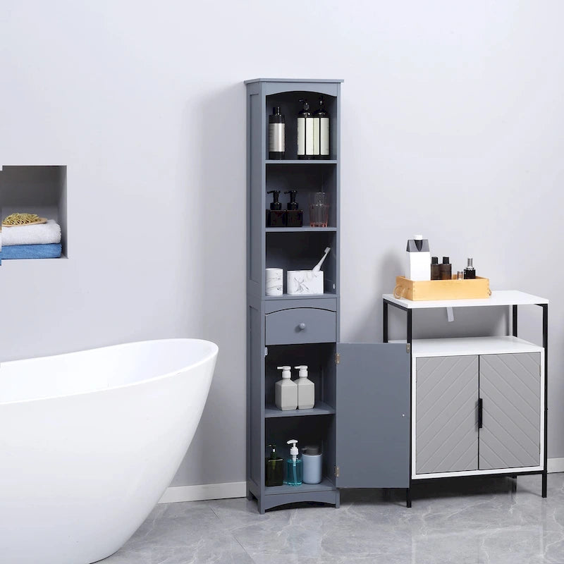 Meuble de rangement de salle de bain, Unité de rangement de bain autonome, Tour de lin haute avec étagères à 3 niveaux et tiroir, Marron