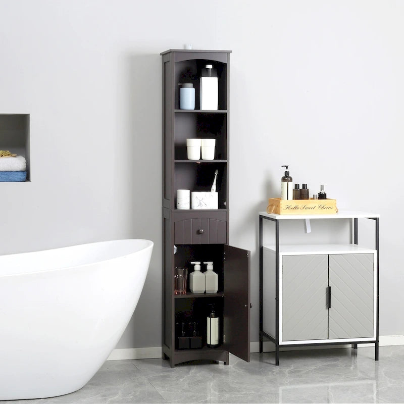Meuble de rangement de salle de bain, Unité de rangement de bain autonome, Tour de lin haute avec étagères à 3 niveaux et tiroir, Marron