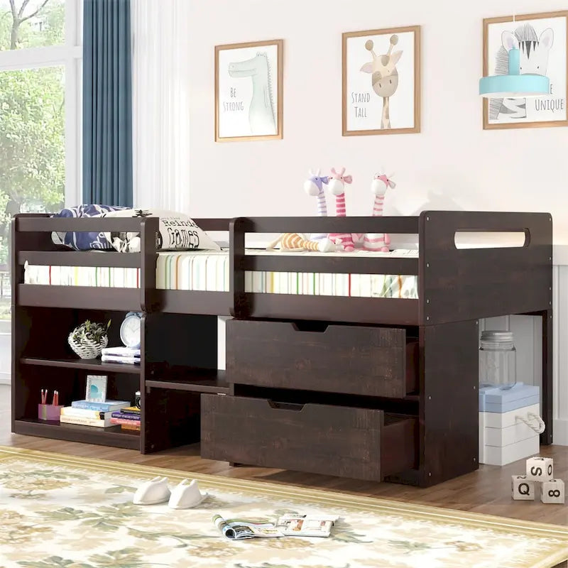 Twin Loft Bed with Two Shelves and Two drawers