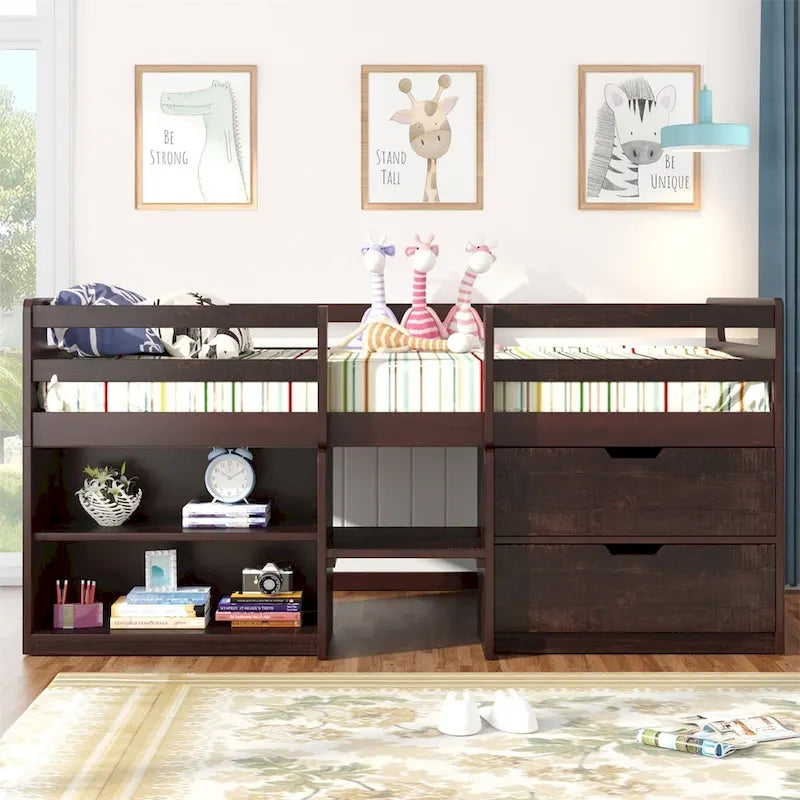 Twin Loft Bed with Two Shelves and Two drawers
