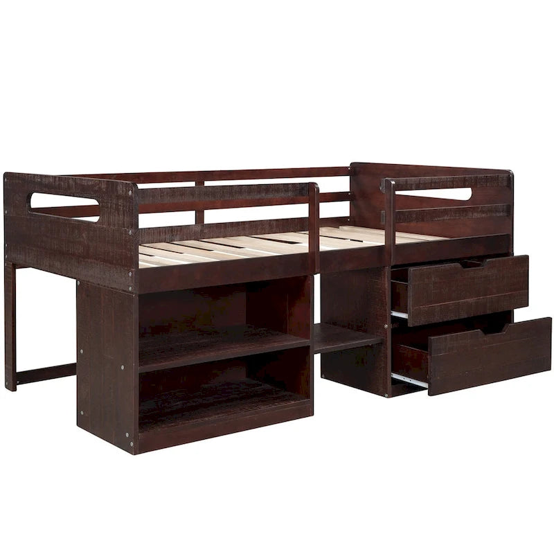 Twin Loft Bed with Two Shelves and Two drawers