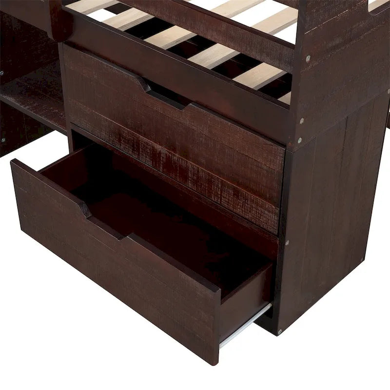 Twin Loft Bed with Two Shelves and Two drawers