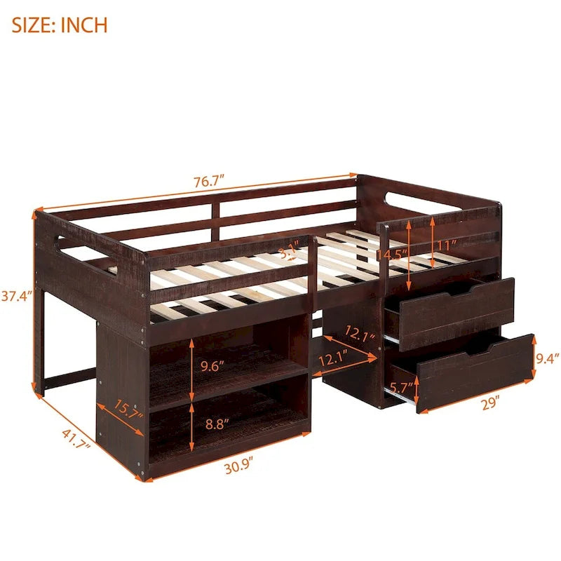 Lit mezzanine simple avec deux étagères et deux tiroirs