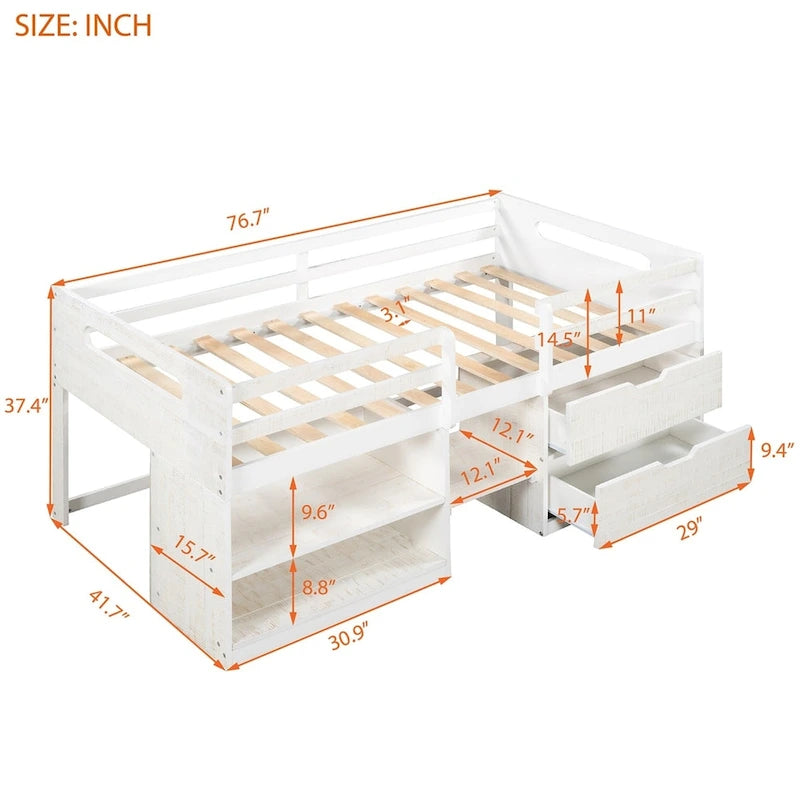 Lit mezzanine simple avec deux étagères et deux tiroirs