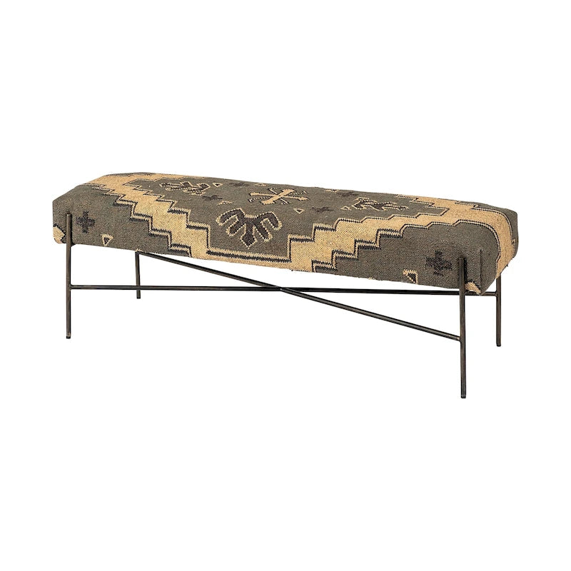 Olive & Beige Upholstered Patterned Seat Accent Bench - 55W x 17D x 18H
