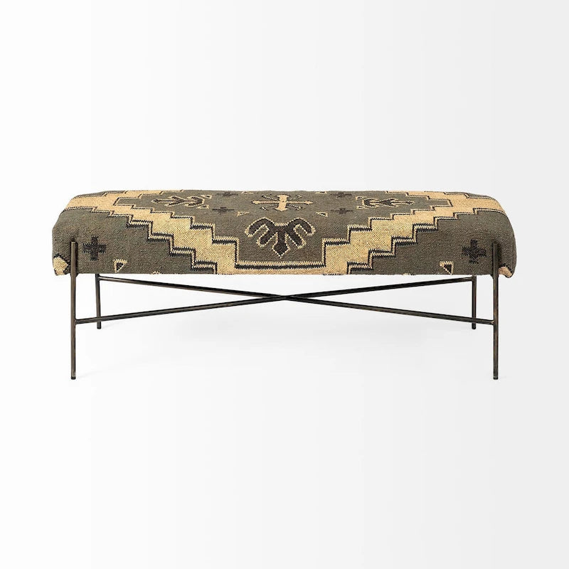 Olive & Beige Upholstered Patterned Seat Accent Bench - 55W x 17D x 18H