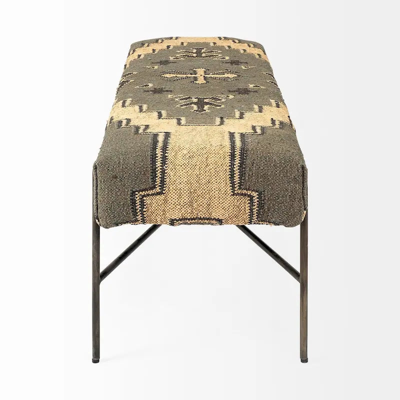 Olive & Beige Upholstered Patterned Seat Accent Bench - 55W x 17D x 18H