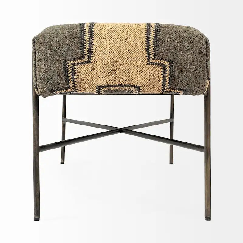 Olive & Beige Upholstered Patterned Seat Accent Bench - 55W x 17D x 18H