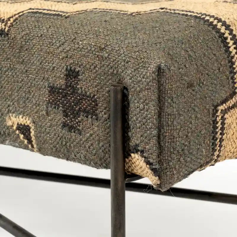 Olive & Beige Upholstered Patterned Seat Accent Bench - 55W x 17D x 18H