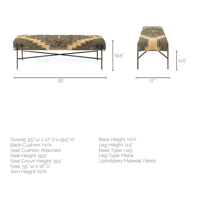 Banc d'appoint rembourré à motif olive et beige - 55L x 17P x 18H