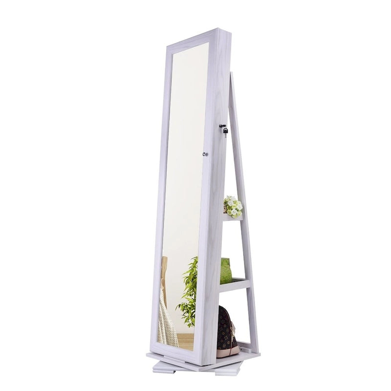 Armoire à bijoux rotative à 360 degrés avec miroir pleine longueur, rangement blanc