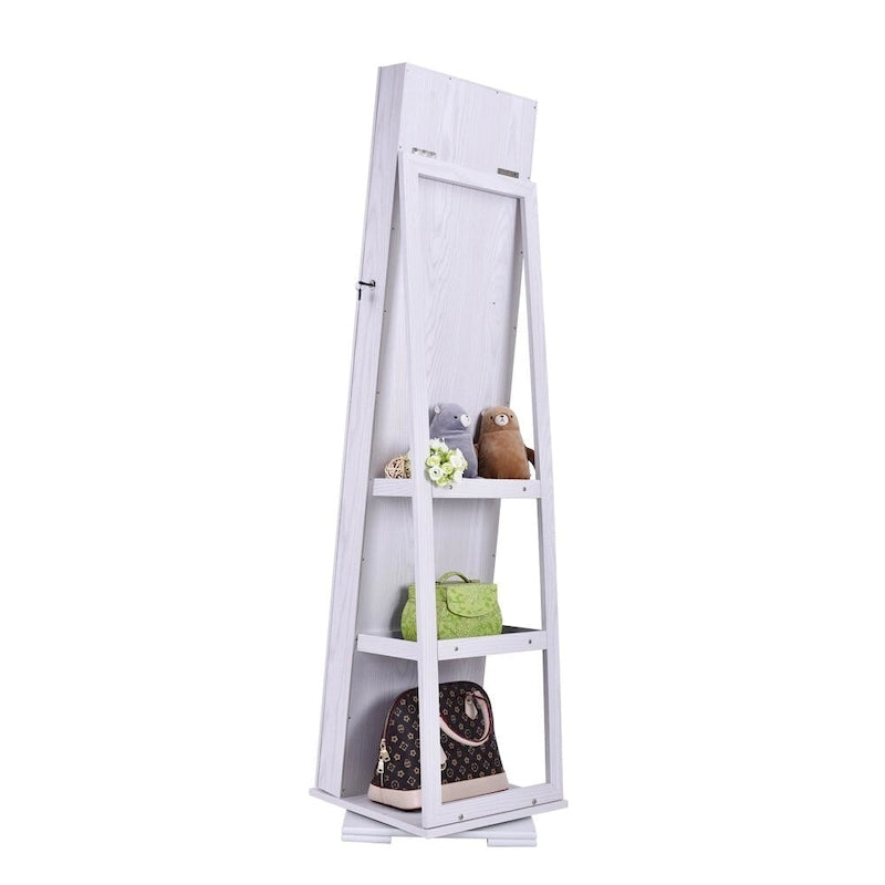 Armoire à bijoux rotative à 360 degrés avec miroir pleine longueur, rangement blanc