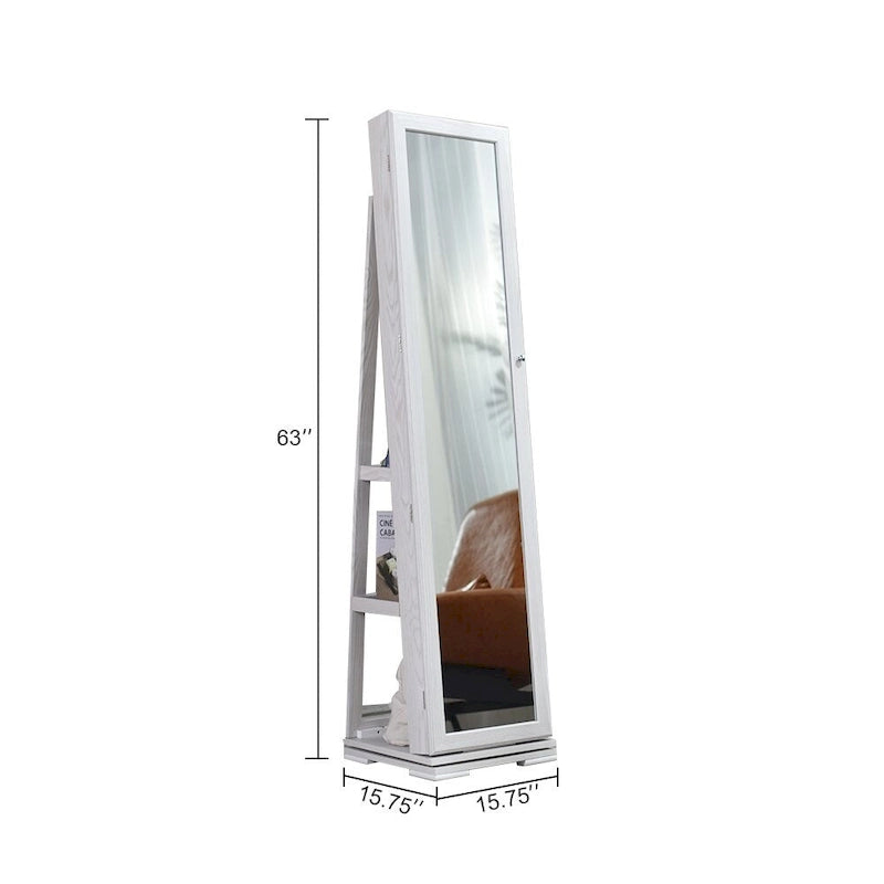 Armoire à bijoux rotative à 360 degrés avec miroir pleine longueur, rangement blanc
