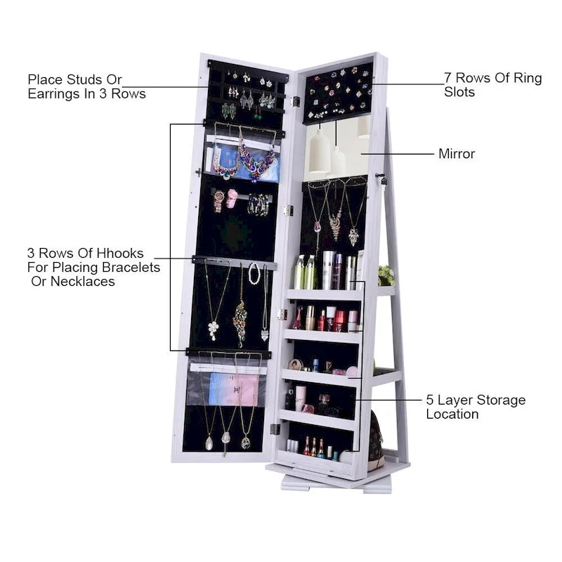 Armoire à bijoux rotative à 360 degrés avec miroir pleine longueur, rangement blanc