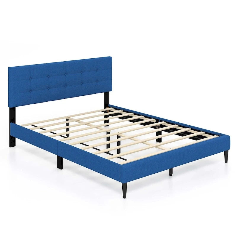 Queen Upholstered Platform Bed Mattress Foundation Button