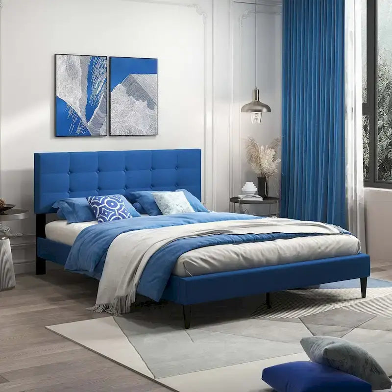 Queen Upholstered Platform Bed Mattress Foundation Button