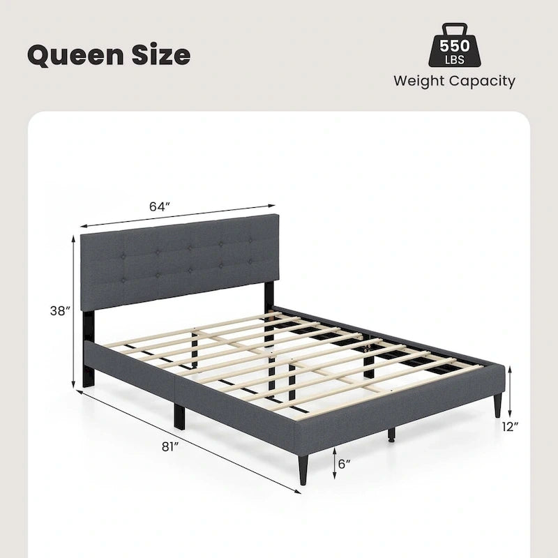 Cadre de lit plateforme capitonné Queen avec boutons - Sommier