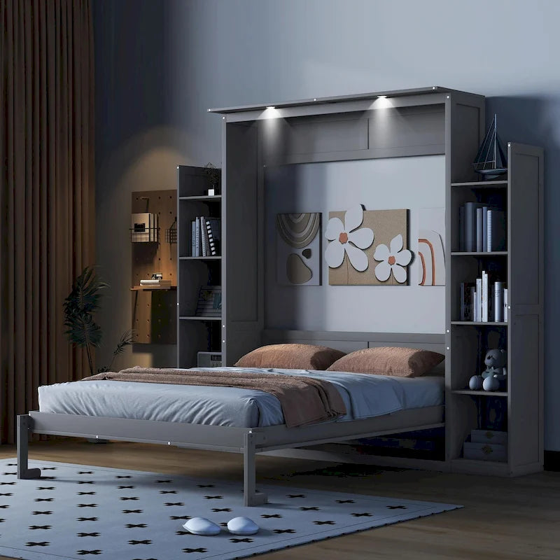 Queen Size Murphy Bed with Shelves and LED Lights