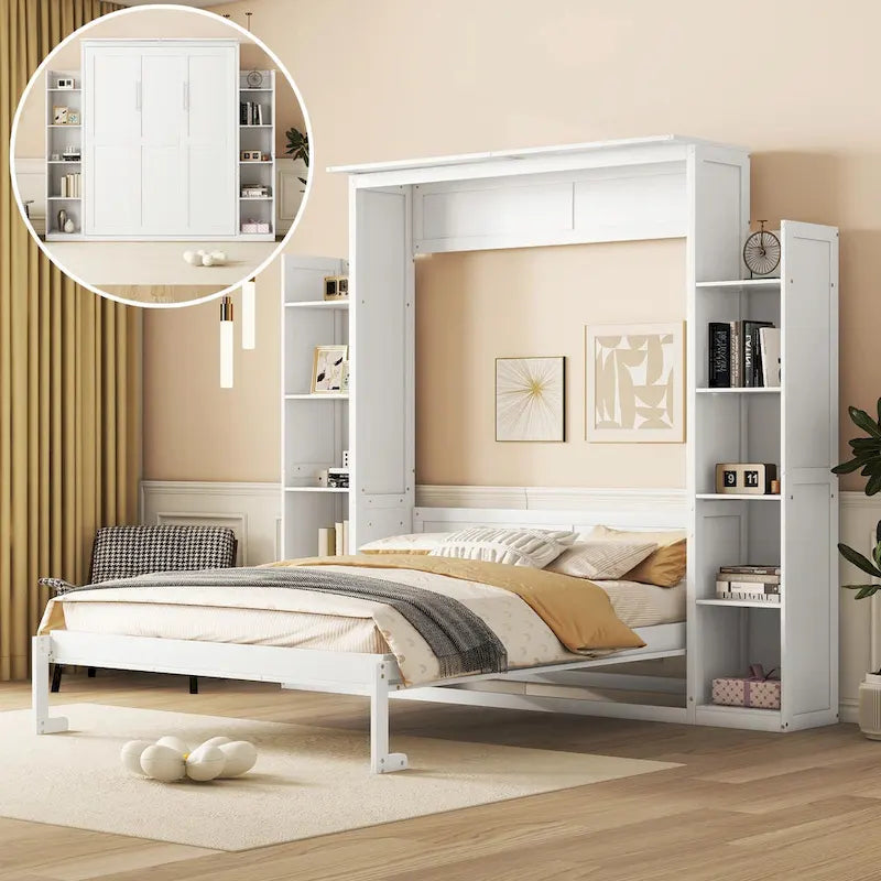 Lit escamotable Queen Size avec étagères et lumières LED