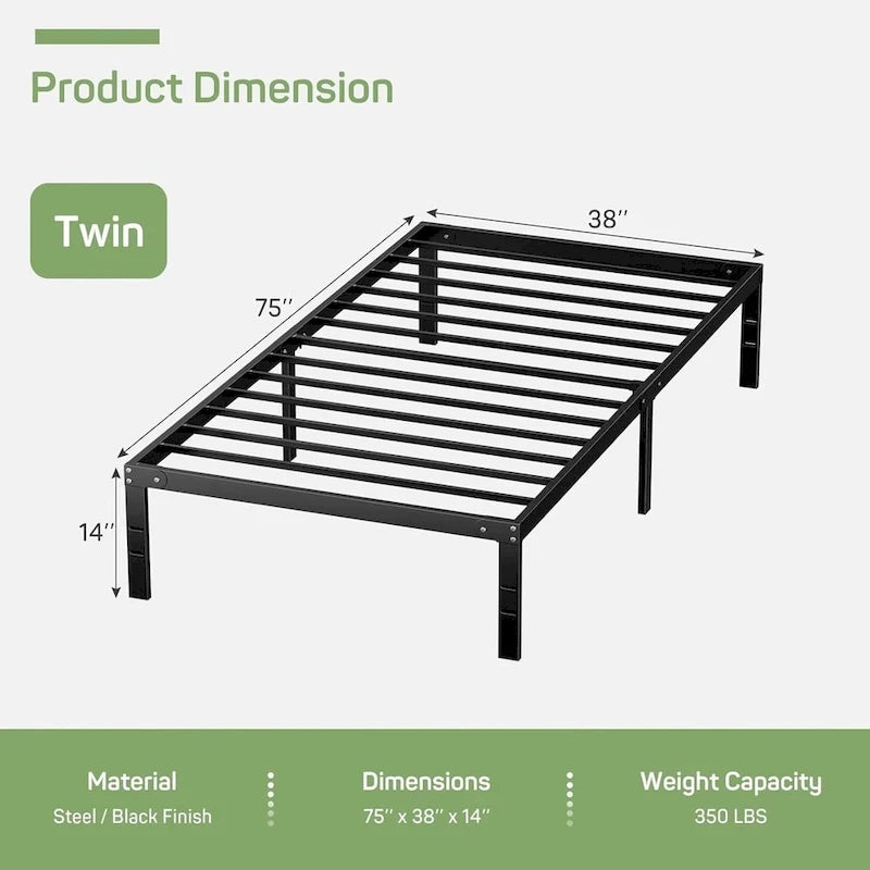 Cadre de lit, sommier métallique sans besoin de sommier tapissier, robuste avec espace de rangement, 35,5 cm de hauteur, support à lattes en acier résistant