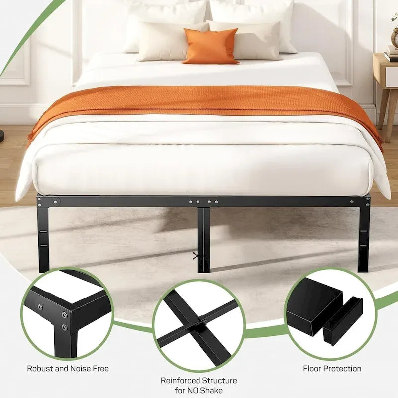 Cadre de lit, sommier métallique sans besoin de sommier tapissier, robuste avec espace de rangement, 35,5 cm de hauteur, support à lattes en acier résistant