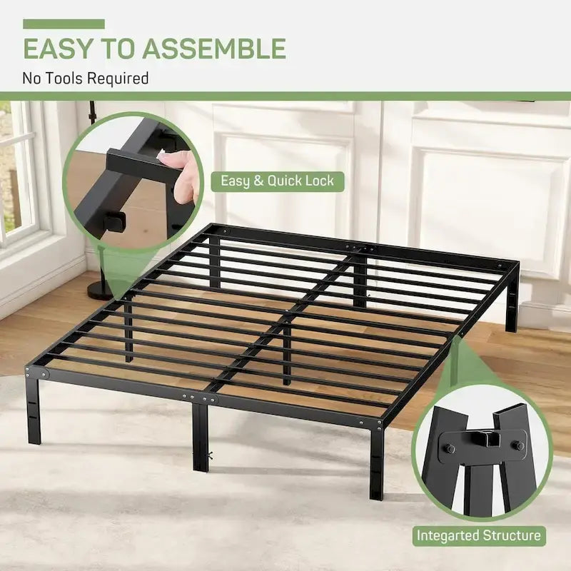 Cadre de lit, sommier métallique sans besoin de sommier tapissier, robuste avec espace de rangement, 35,5 cm de hauteur, support à lattes en acier résistant