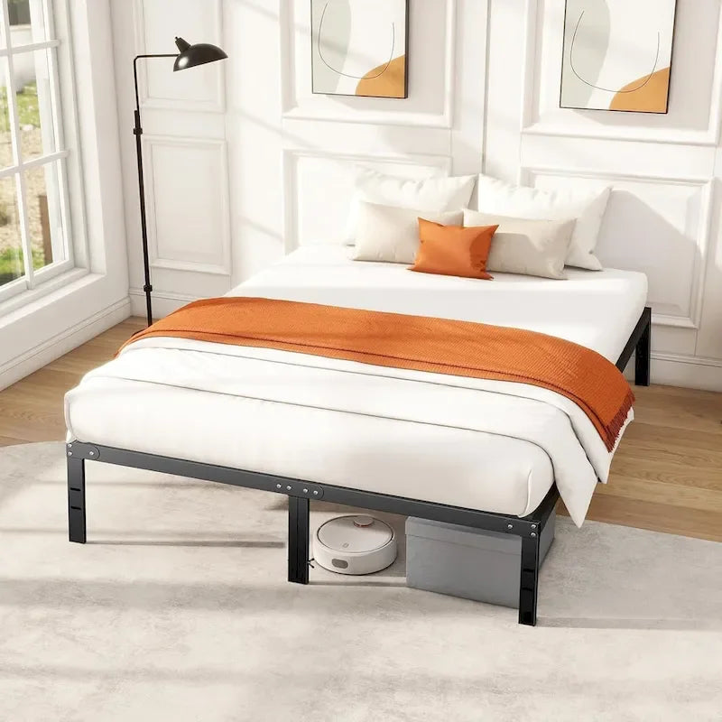 Cadre de lit, sommier métallique sans besoin de sommier tapissier, robuste avec espace de rangement, 35,5 cm de hauteur, support à lattes en acier résistant
