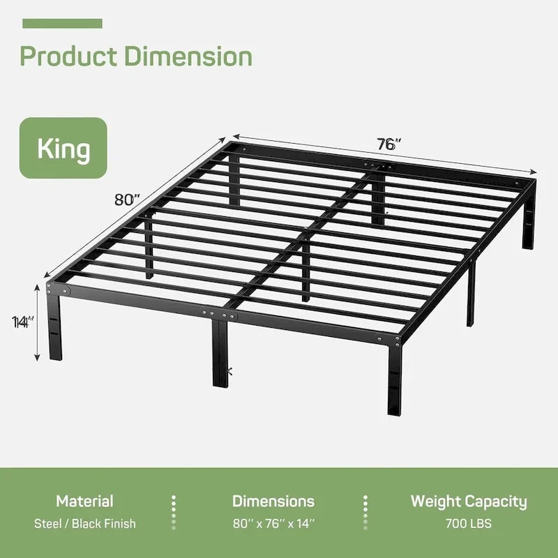 Cadre de lit, sommier métallique sans besoin de sommier tapissier, robuste avec espace de rangement, 35,5 cm de hauteur, support à lattes en acier résistant