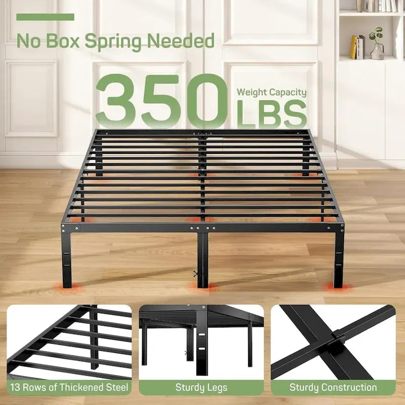 Cadre de lit, sommier métallique sans besoin de sommier tapissier, robuste avec espace de rangement, 35,5 cm de hauteur, support à lattes en acier résistant