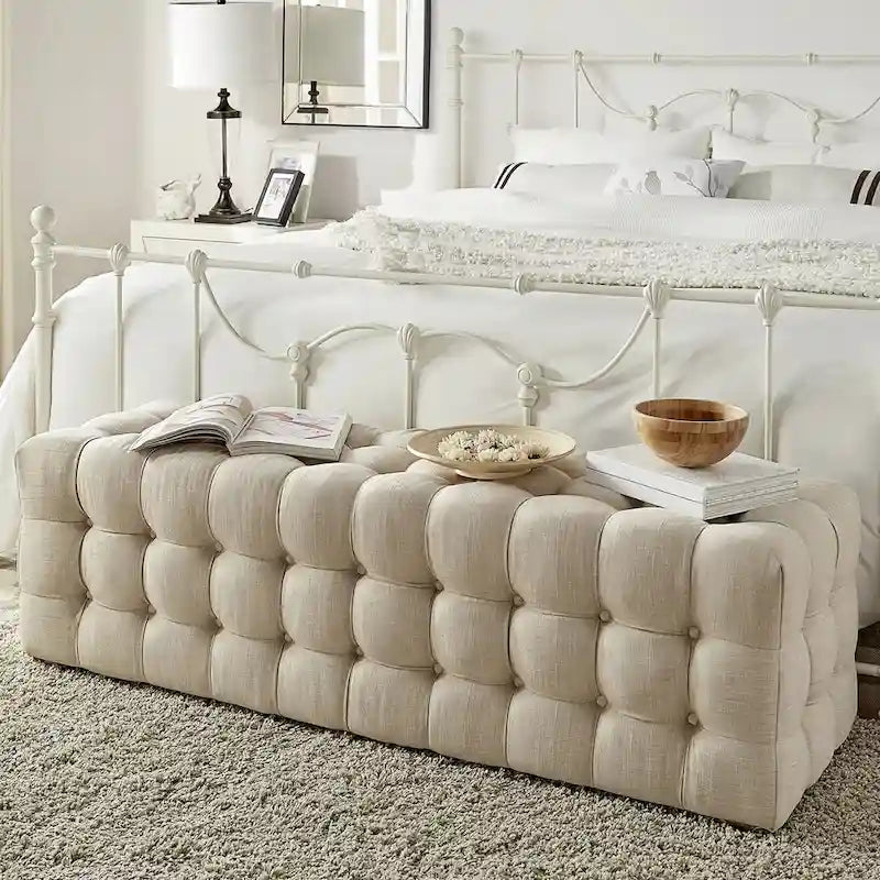 Linen Fabric Tufted Bench
