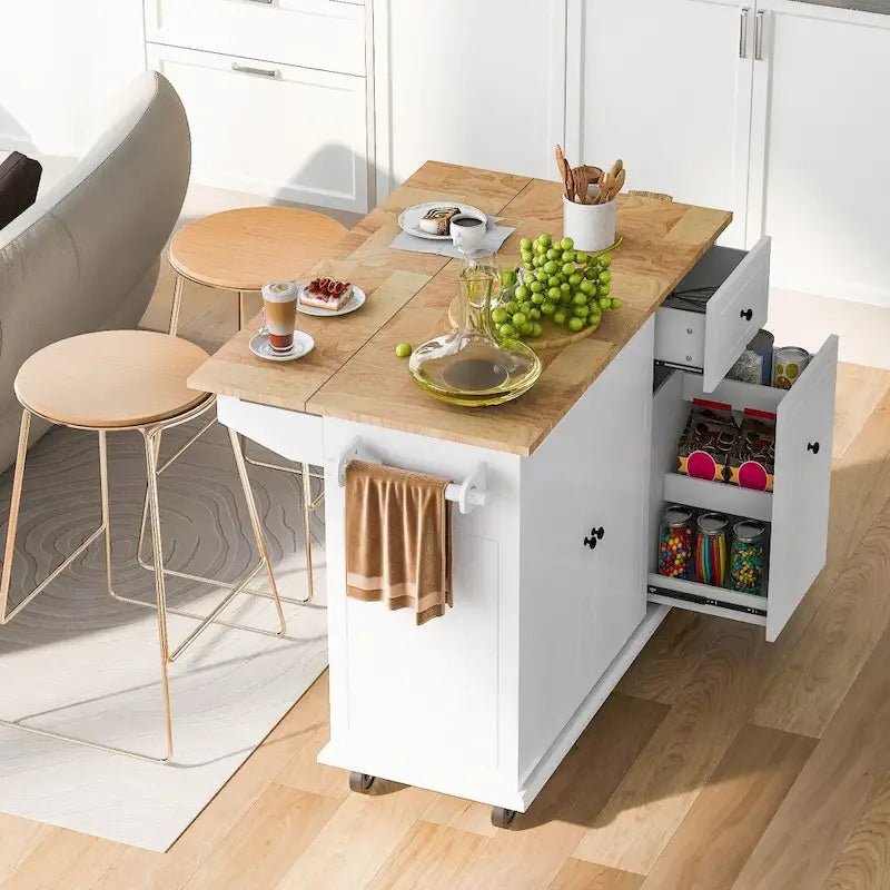 Kitchen Island on Wheels with Drop Leaf and 3 Tier Pull Out Organizer