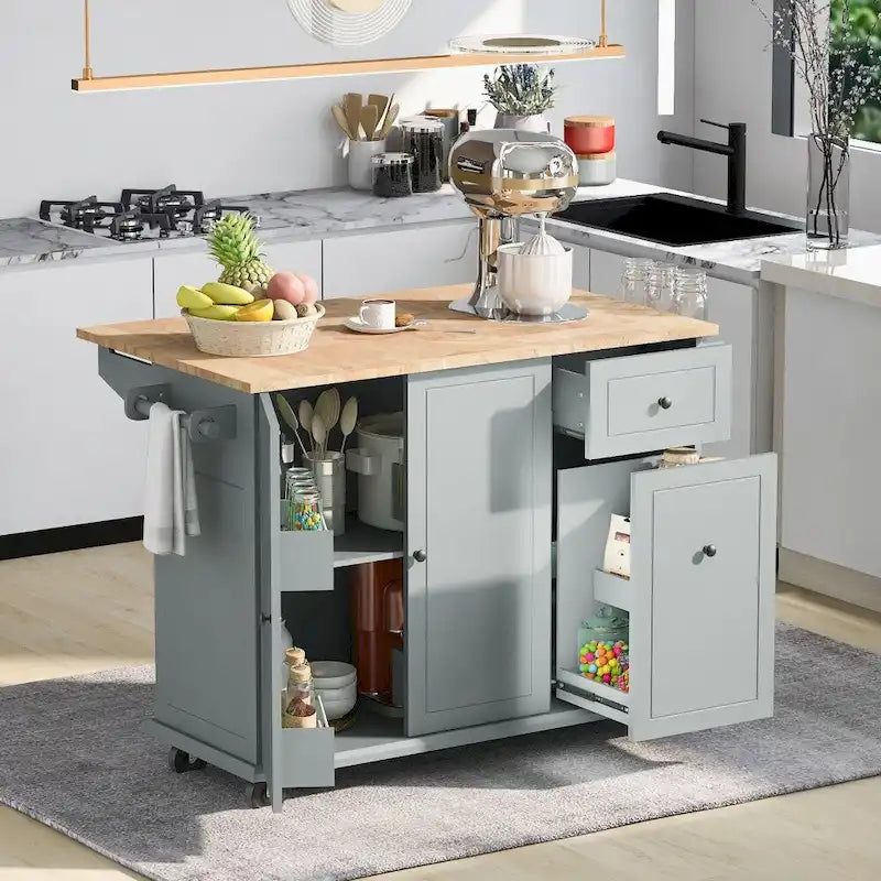 Îlot de cuisine sur roulettes avec abattant et organisateur extractible à 3 niveaux